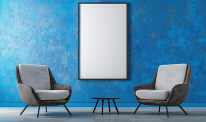 A modern living space with blue walls, two chairs, and a vertical picture frame mockup on the wall The simple yet elegant design offers a minimalist atmosphere, perfect for a home or hotel lobby