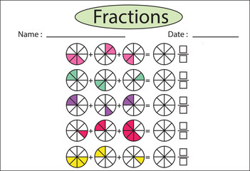 Fractions worksheets. Math game for preschool and school age children.
