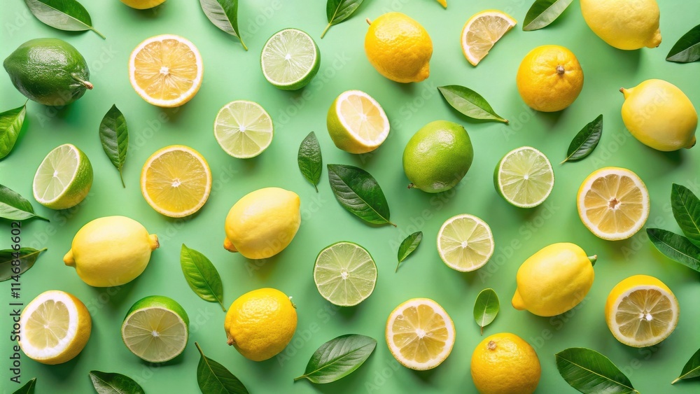 Poster a refreshing pattern of lemons and limes on a bright green background, showcasing their vibrant colo
