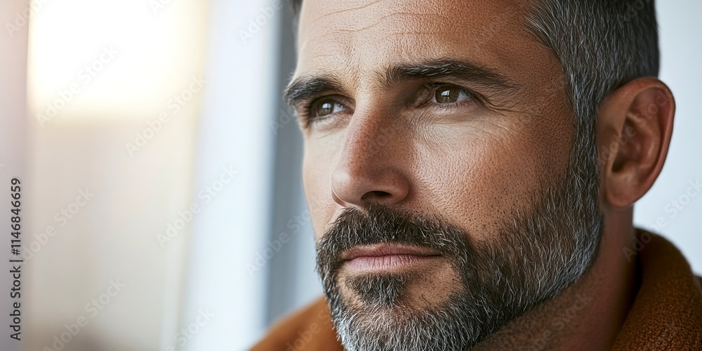 Poster a close-up of a thoughtful man with a beard. he gazes into the distance, showing depth and emotion. 