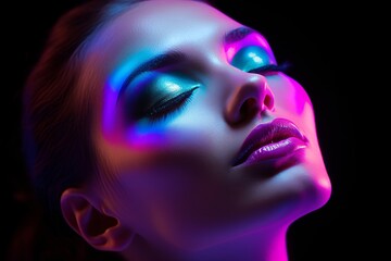 Naklejka premium Neon emotions a woman s silhouette adorned with colorful dots representing inner feelings