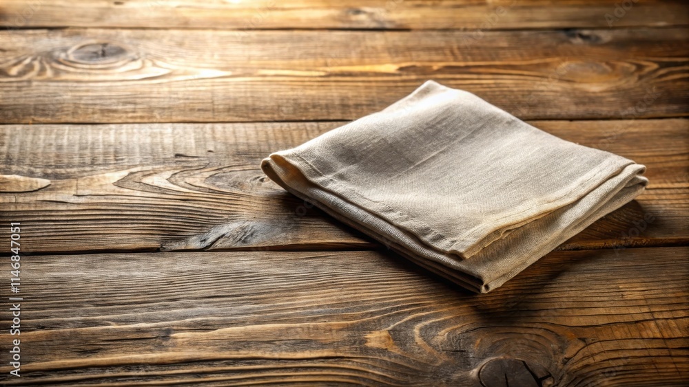 Poster a folded linen napkin resting on a rustic wooden table, creating a warm and inviting ambiance.