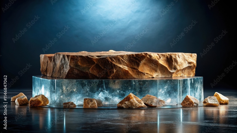 Poster a rough stone podium with a frosted glass base and scattered pebbles on a reflective surface