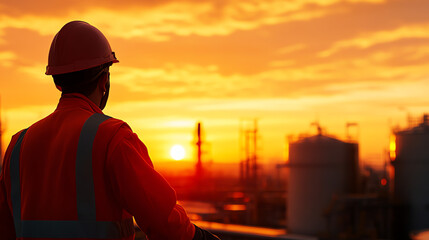 Worker observing sunset over industrial site.
