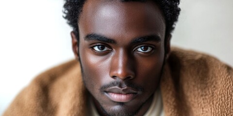 A close-up portrait of a young man with a serious expression. He has curly hair and a warm brown skin tone. The cozy, soft sweater adds a calm and inviting ambiance. AI