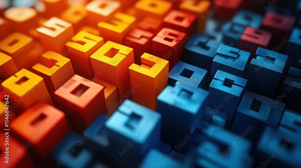 Poster vibrant abstract 3d numerical art with geometric blocks and colorful gradient