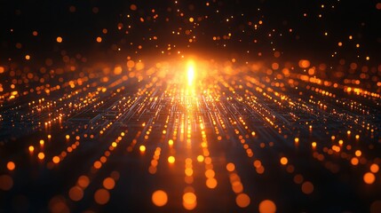 Obraz premium Glowing orange particles converge towards a bright light source creating a futuristic, abstract pathway.