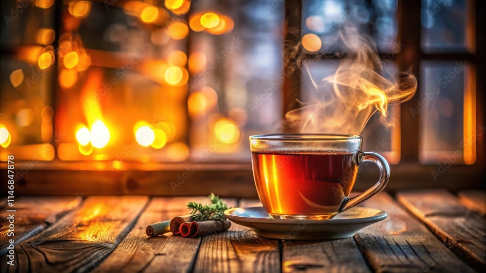 Poster a steaming cup of tea on a wooden table with a warm, inviting glow in the background.