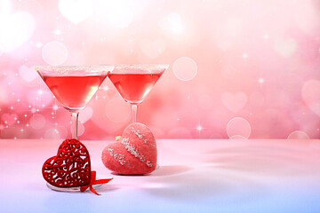 Festive alcoholic cocktail martini in glasses and hearts, Valentine's Day concept, alcoholic drinks...