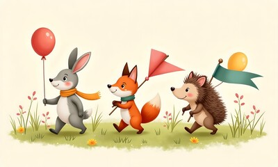 Obraz premium Adorable Animal Adventure: Bunny, Fox, and Hedgehog on a Joyful Journey