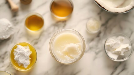 Fototapeta premium Aerial view of various creamy culinary ingredients in bowls.