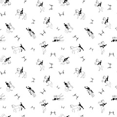 Equestrian seamless pattern with riders performing dressage moves and horse bits on a white background  