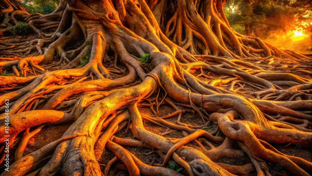 Poster the intricate web of life a close-up of tree roots bathed in the golden light of sunset