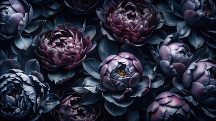 A symphony of velvety petals in a dramatic, midnight hue, a floral tapestry of deep purple blossoms, capturing the essence of ethereal beauty and captivating darkness.