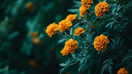 Golden marigolds against a rich green garden backdrop, close-up shot, Minimalist style