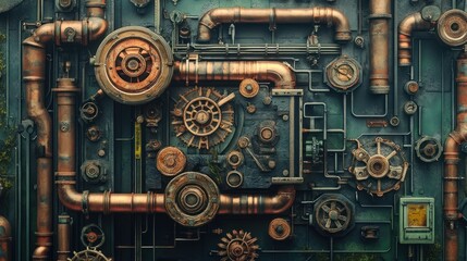 Fototapeta premium Steampunk-style intricate machinery wall with copper pipes, gears, and gauges.