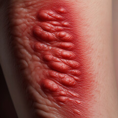 Fototapeta premium A close-up photorealistic image of a person's back showing a severe case of urticaria (hives). The skin is covered in widespread, raised, red welts and blotches. 