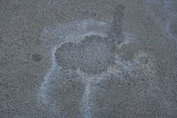 Gasoline or oil spill creates rainbow chemical sheen on asphalt road surface