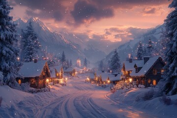 Fototapeta premium Serene Winter Village at Dusk with Snowfall
