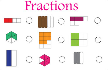 Color the fraction worksheet in mathematics. Write the correct fraction for each shape.