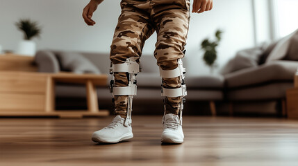 low-angle shot of a child using an exoskeleton to walk on crutches