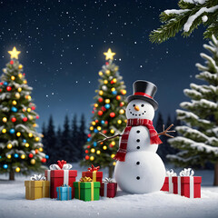 Cheerful Snowman with Santa Hat and Gifts in a Festive Christmas Landscape
