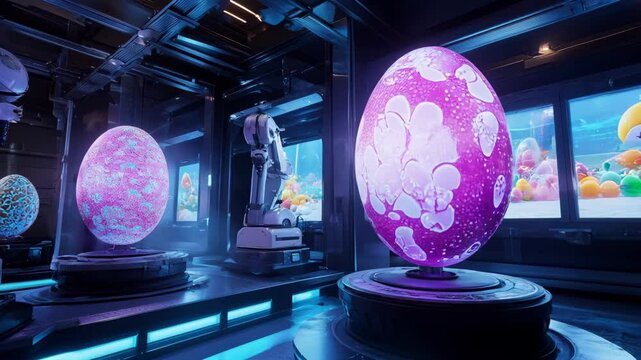 Futuristic Easter Factory: Robotic Arms Decorating Giant, Colorful, Glowing Eggs with Intricate Patterns