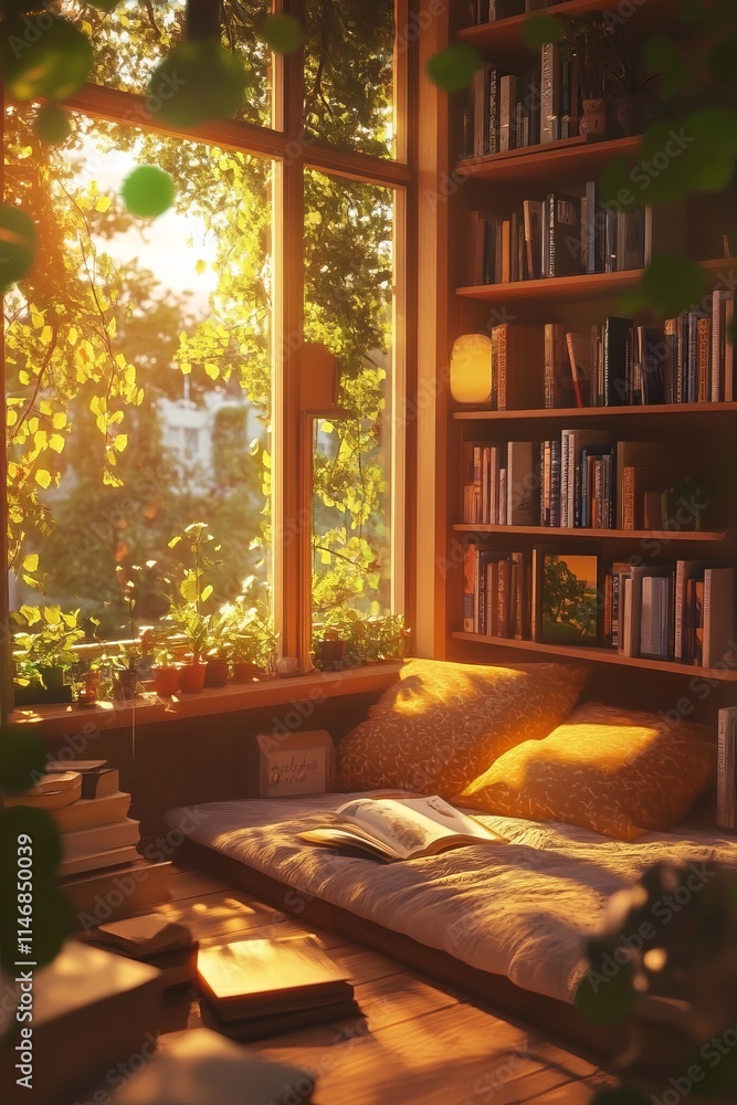 Poster a cozy reading nook with a window and a bookshelf filled with books. the room is bathed in sunlight,