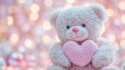Fototapeta premium The image features a fluffy teddy bear holding a pink heart against a background of soft, blurred lights in shades of pink and white
