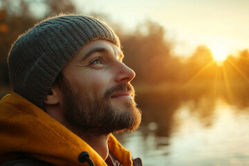 Generative AI Portrait of Person Traveler Enjoying Sunset on Beach during Summer Vacation