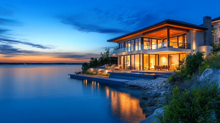 Obraz premium Spectacular waterfront villa with water in the ocean, Luxury building by the water with a beautiful landscape and blue sky and ocean water, property on luxury islands for investment with buildings.
