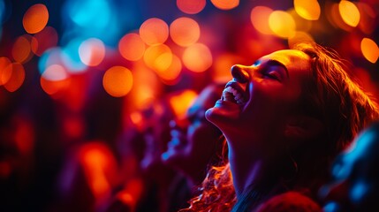 Naklejka premium Joyful Audience Enjoying a Vibrant Music Performance in a Lively Venue With Colorful Lights Creating an Energetic Atmosphere