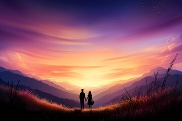 Fototapeta premium Silhouetted Couple Standing On Mountain Overlook At Dusk. Vibrant Sky In Shades Of Pink And Purple Highlights Serenity And Romance. Vast Horizon Enhances Feeling Of Freedom. AI generated