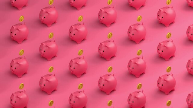 Piggy Bank pattern 3d render animation. Isometric Piggy banks Backdrop Seamless loop. Concept of saving, invest, finance and economy.