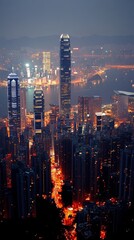 Obraz premium Vibrant night view of Hong Kong skyline showcasing towering skyscrapers and bustling city streets with traffic