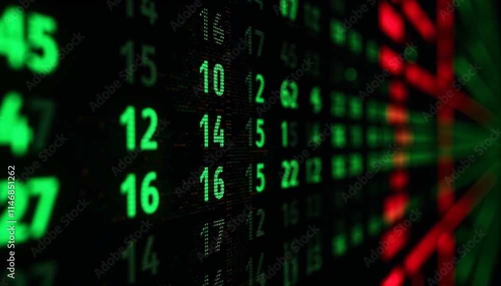 Poster dynamic glowing stock ticker texture with neon green and red scrolling numbers on a black background
