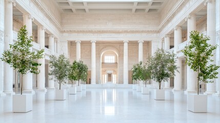 Obraz premium Symmetrical neoclassical atrium interior featuring white marble columns and green potted trees reflecting on a polished floor.