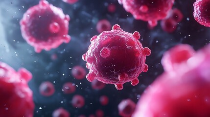 Microscopic view of red virus cells.