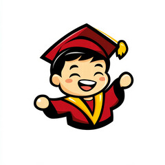 Happy child in a red and yellow school uniform with a cap, celebrating graduation against a white background