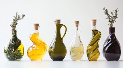 Elegant assortment of oil bottles with herbs on a white background.