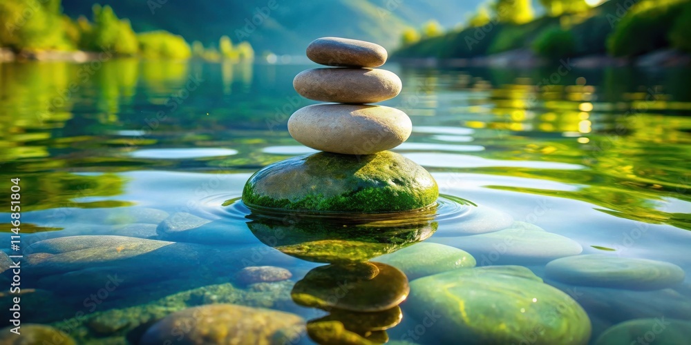 Poster a stack of smooth stones resting calmly on a pristine lake surface, reflecting the tranquility of na