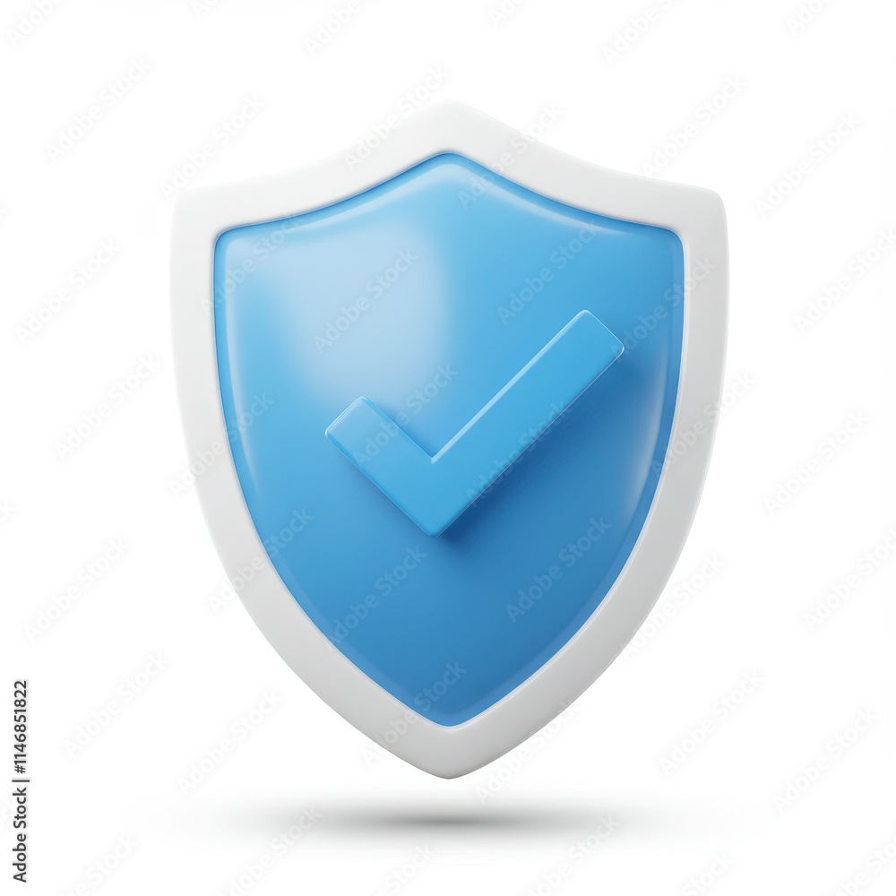 Poster shield with check icon with a blue and white color scheme isolated on white background