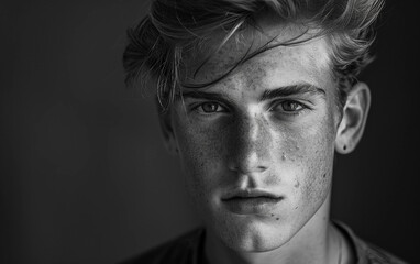 Obraz premium A black and white portrait of a young man with a classic and timeless expression