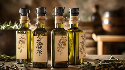 Four elegant bottles of olive oil arranged on a rustic table.