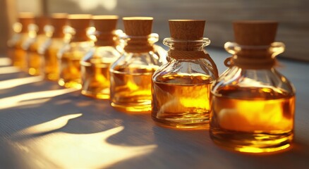 Various small glass bottles filled with golden oil are neatly arranged on a wooden surface illuminated by soft