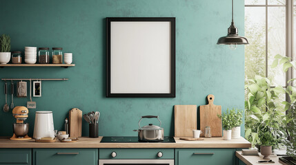 Mockup of Empty Frame on Wall in Mid-Century Modern Kitchen