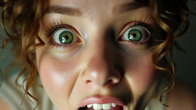 A woman with green eyes is shocked and looking at the camera