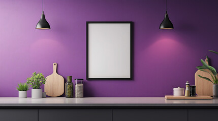 Purple Accent Kitchen Interior with Blank Frame for Small Poster