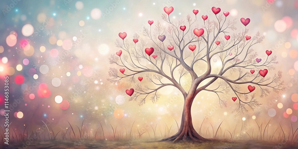 Aufkleber a whimsical illustration of a tree adorned with heart-shaped ornaments, surrounded by a magical glow