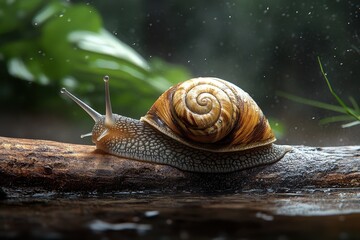 Close-up of a snail with a spiraled shell crawling on a wet log in a lush forest during a rainy day.